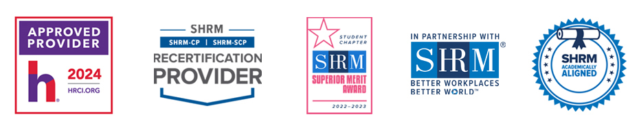 Lineup of 5 logos. 1st logo signifies LWTech is a 2024 approved provider for HRCI.org. The 2nd notes that LWTech is a SHRM-CP and SHRM-SCP Recertification Provider. The 3rd is a 2022-2023 Student Chapter of SHRM Superior Merit Award. The 4th acknowledges LWTech's partnership with SHRM. The 5th is that LWTech is academically aligned with SHRM.