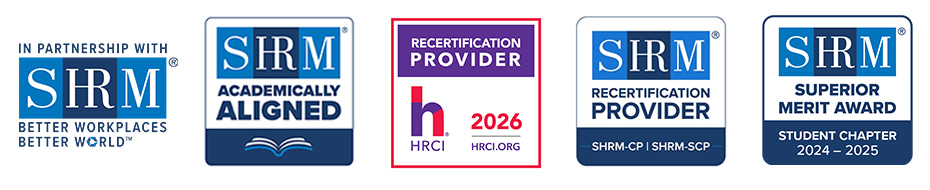 HR Management is accredited with HRCI and SHRM Lineup of 5 logos. 1st logo signifies LWTech is a 2024 recertification provider for HRCI.org. The 2nd notes that LWTech is a SHRM-CP and SHRM-SCP Recertification Provider. The 3rd is a 2022-2023 Student Chapter of SHRM Superior Merit Award. The 4th acknowledges LWTech's partnership with SHRM. The 5th is that LWTech is academically aligned with SHRM.
